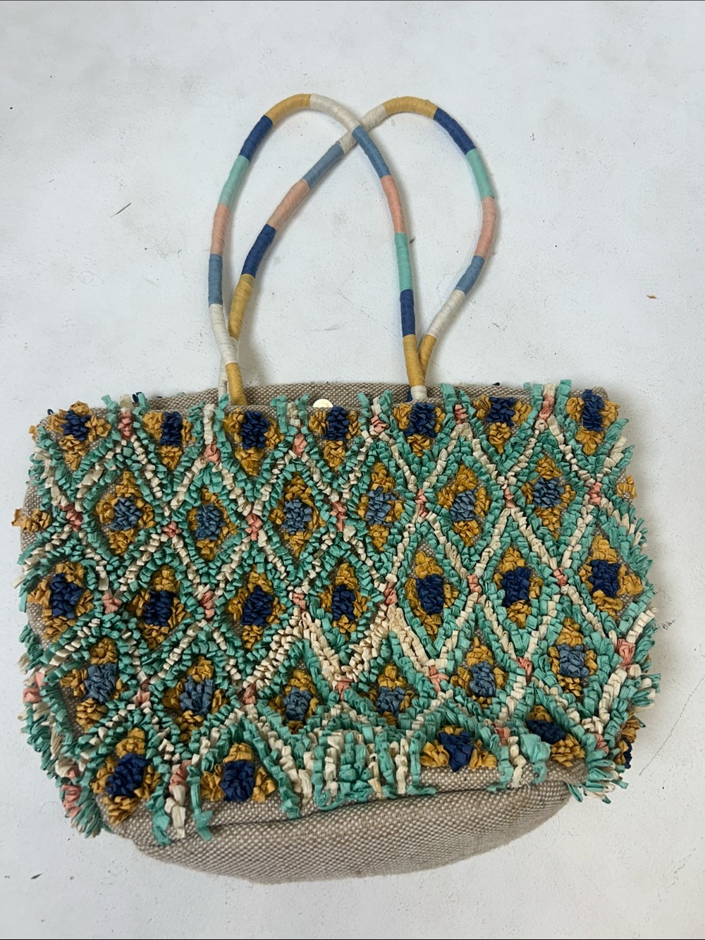 Woven Diamond-Pattern Tote Bag in Teal & Mustard